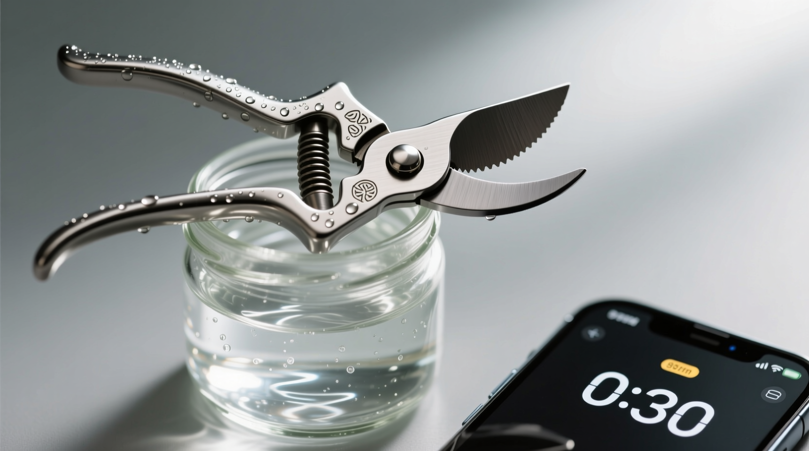 Close-up photo of stainless steel pruning shears fully submerged in clear isopropyl alcohol inside a small glass jar, with timer showing 0:30 on a smartphone beside it
