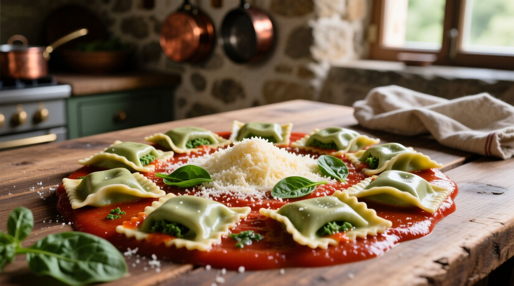 Spinach ravioli served with tomato sauce and parmesan