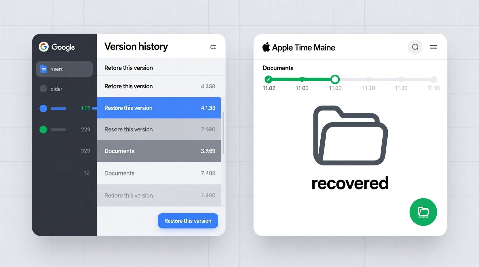 Side-by-side visual: left panel shows Google Docs' 'Version history' sidebar with color-coded timestamps and 'Restore this version' buttons; right panel shows Time Machine's timeline interface with a highlighted hourly snapshot containing a 'Documents' folder icon and a small 'recovered' badge