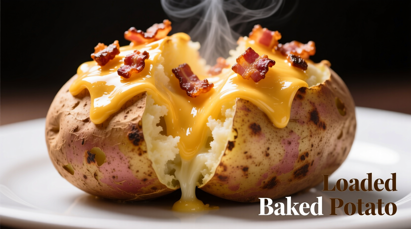 Freshly prepared loaded baked potato with melted cheese and bacon