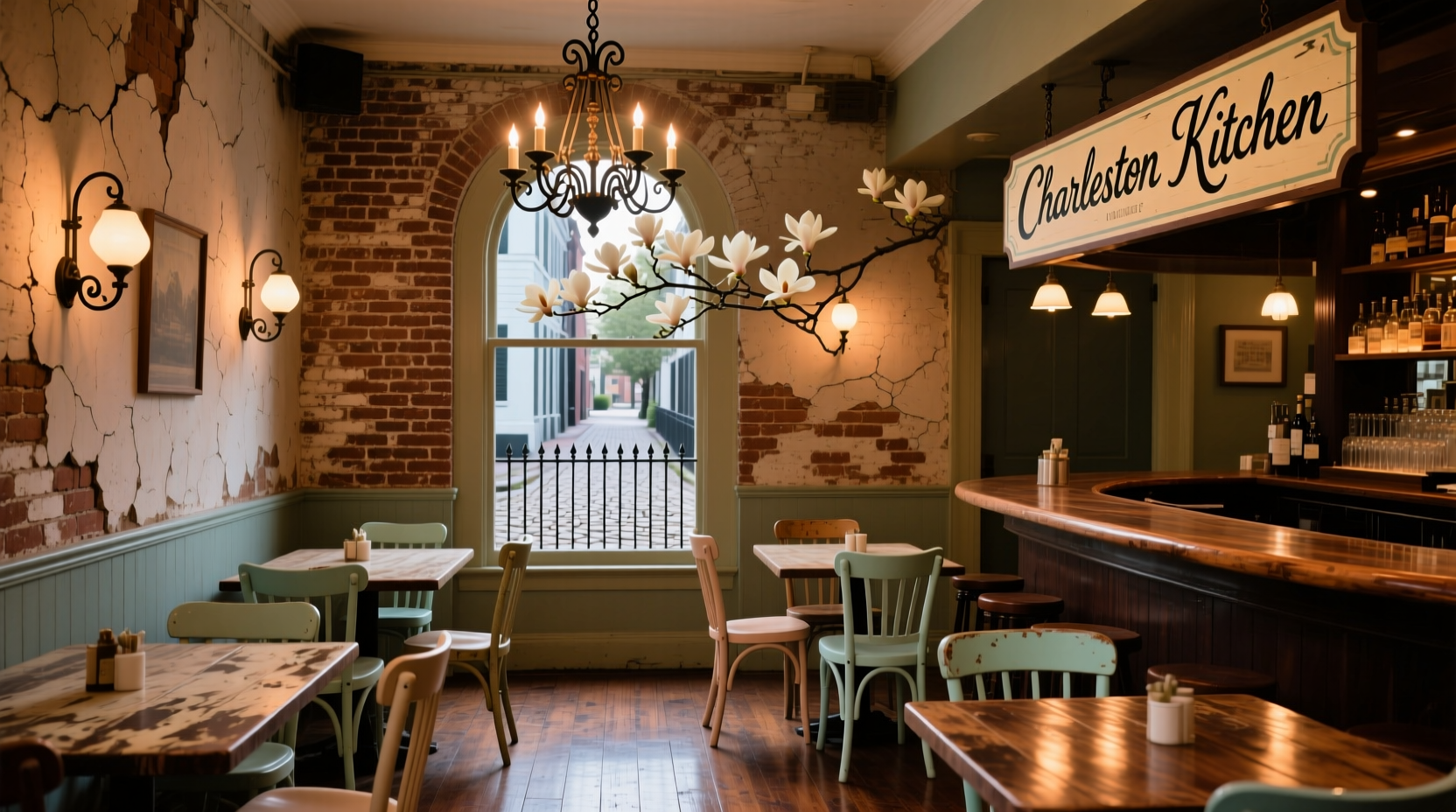 Historic Charleston restaurant interior with exposed brick walls
