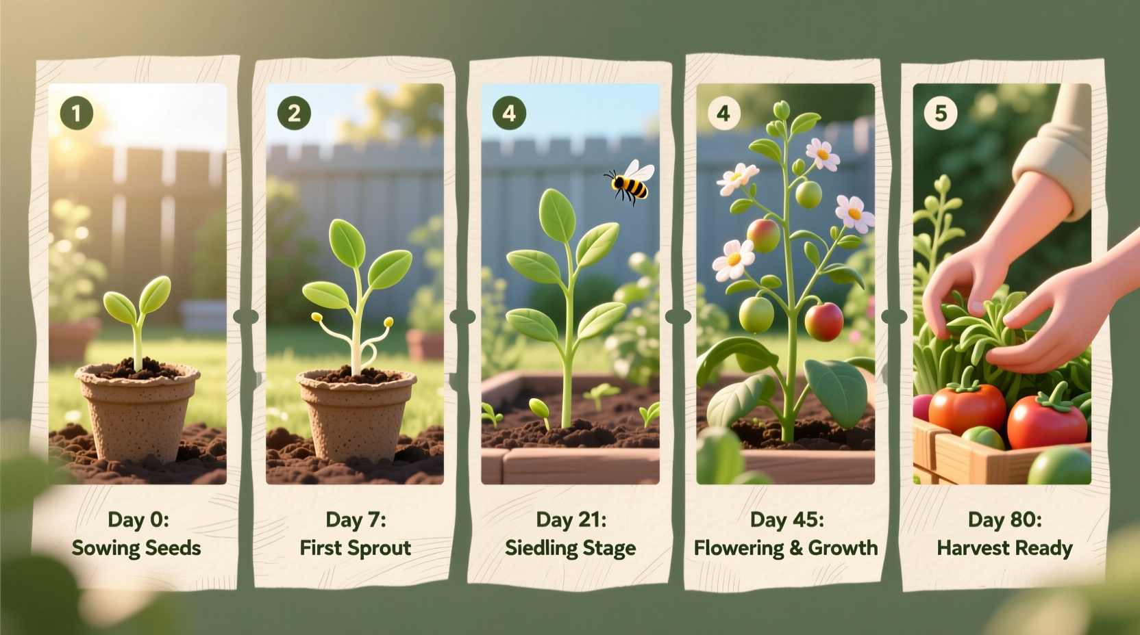 Timeline showing DIY garden progress from seed to harvest