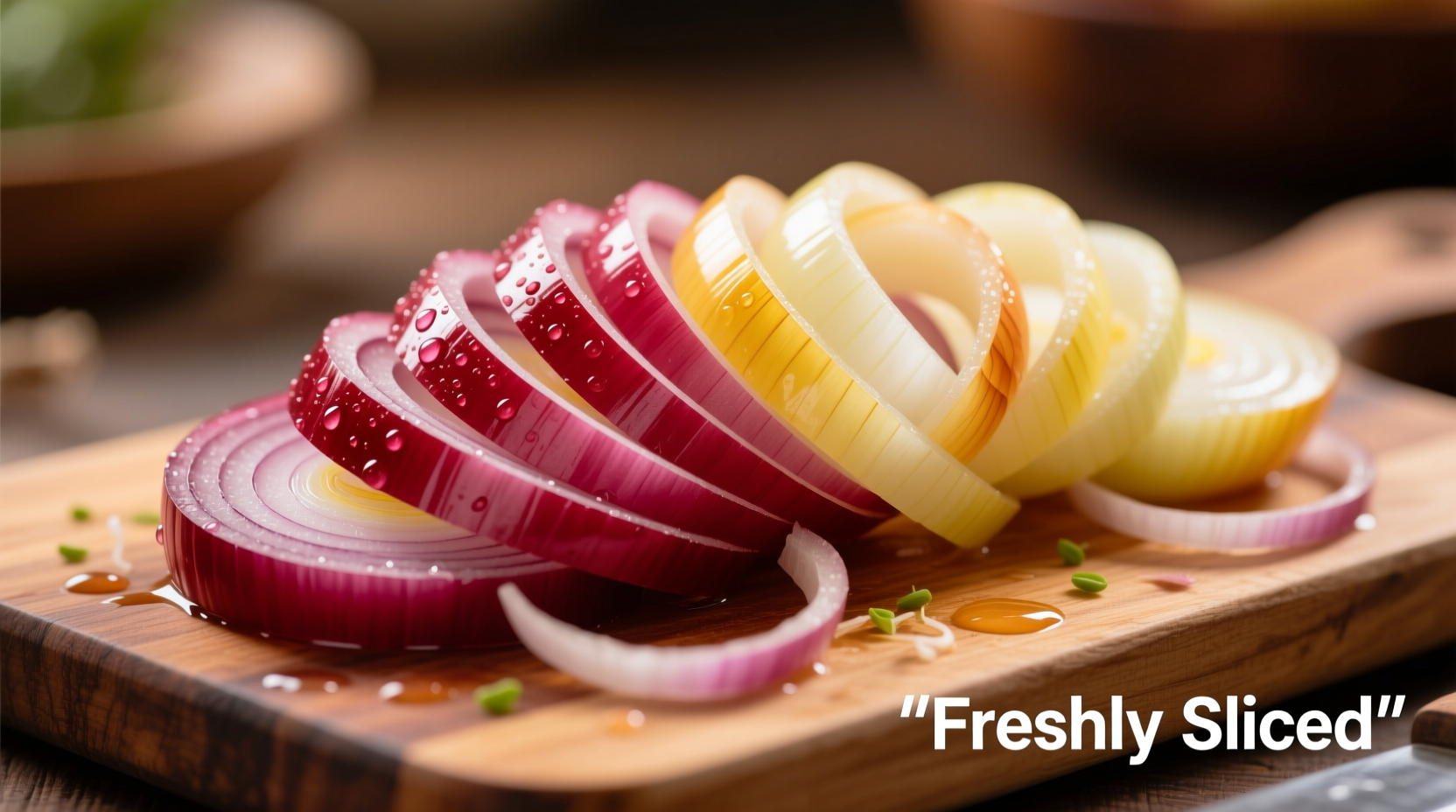 Freshly sliced red and yellow onions on cutting board