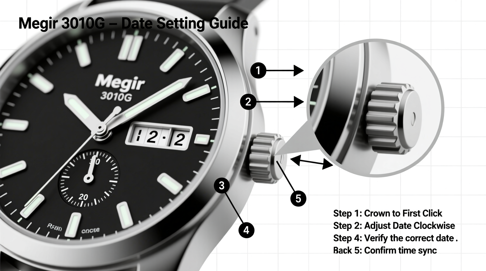 step by step guide to accurately setting the date on your megir 3010g watch