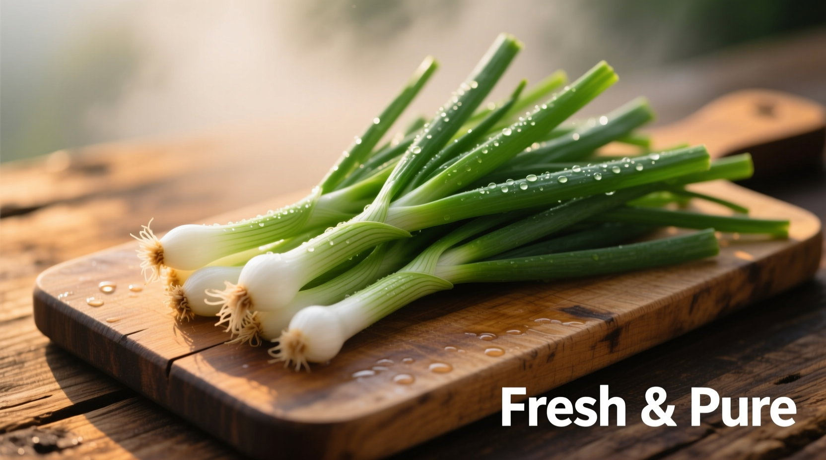 Fresh big green onions on wooden cutting board
