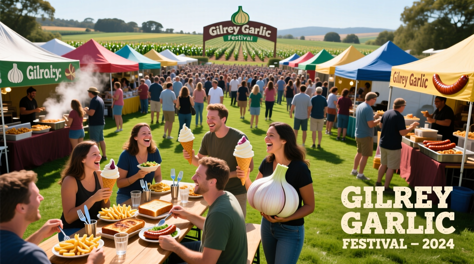 Crowd enjoying garlic dishes at Gilroy Garlic Festival