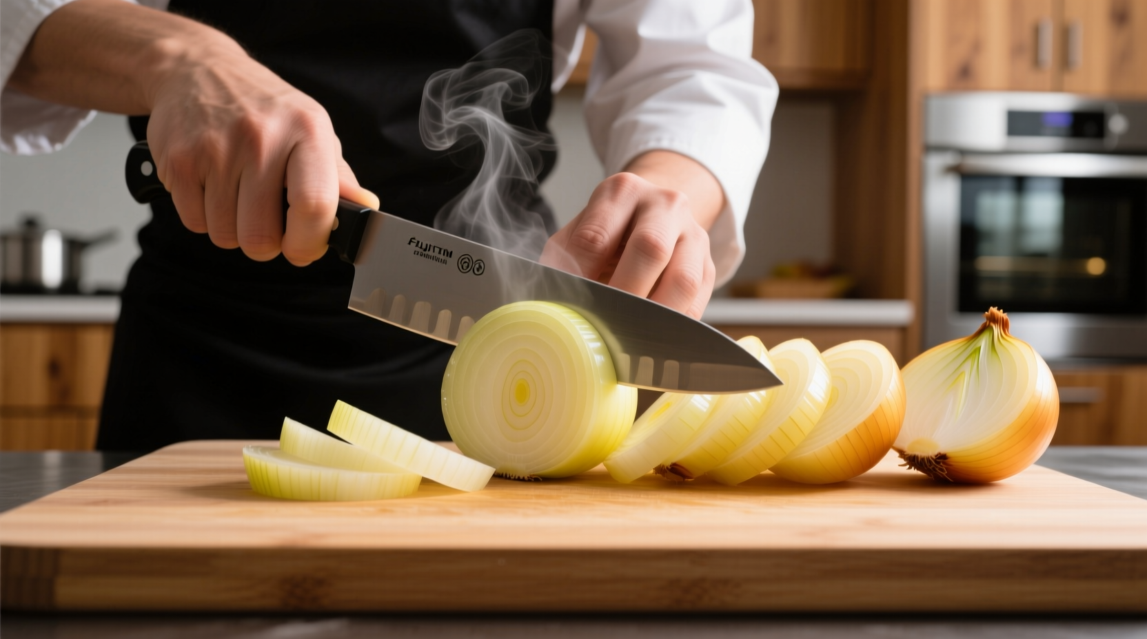 Chef slicing sweet and yellow onions side by side