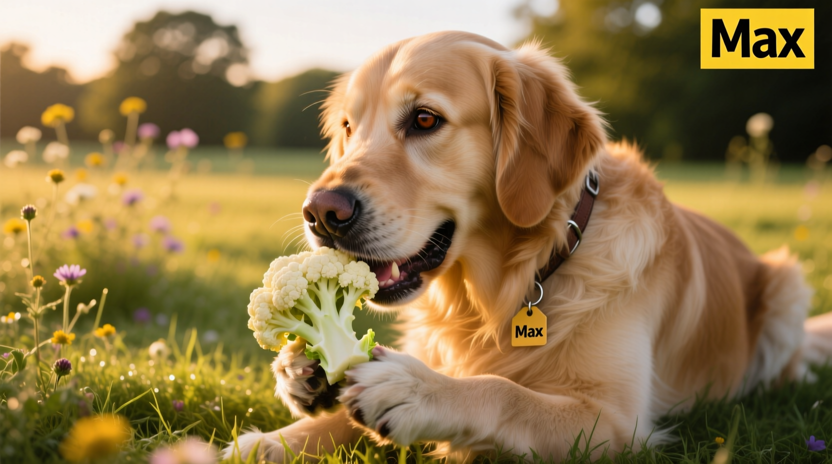Golden Retriever eating small piece of raw cauliflower