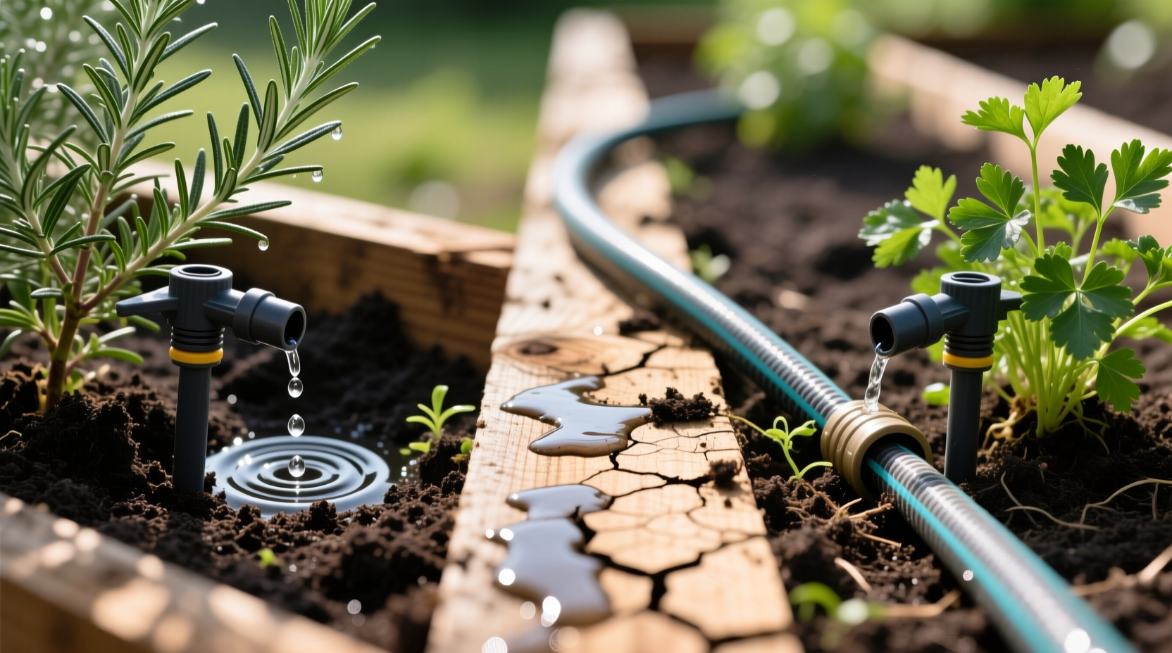 Side-by-side close-up of drip emitters precisely positioned at the base of rosemary and parsley plants in a cedar-raised bed, next to a soaker hose lying loosely across the same bed’s surface, showing uneven wetting patterns and exposed tubing