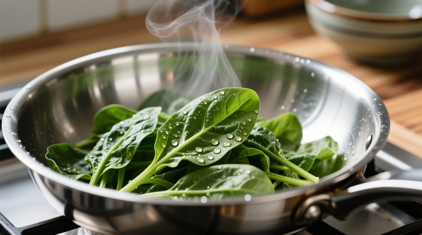 Fresh spinach wilting in stainless steel pan