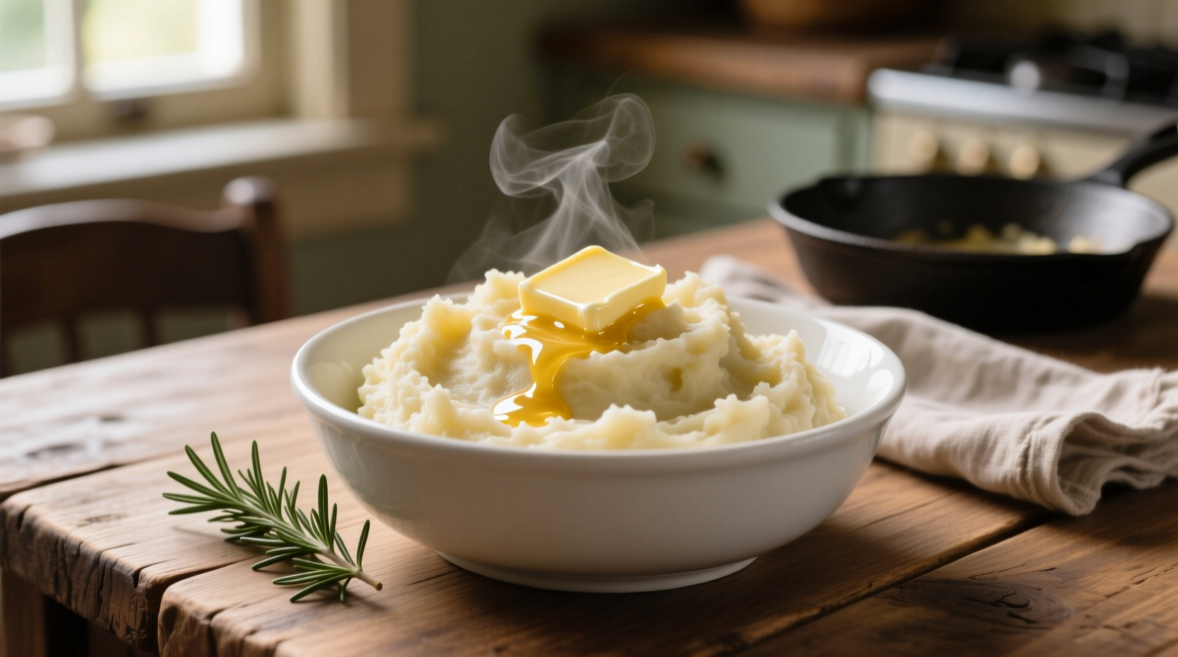 Creamy russet mashed potatoes in white bowl