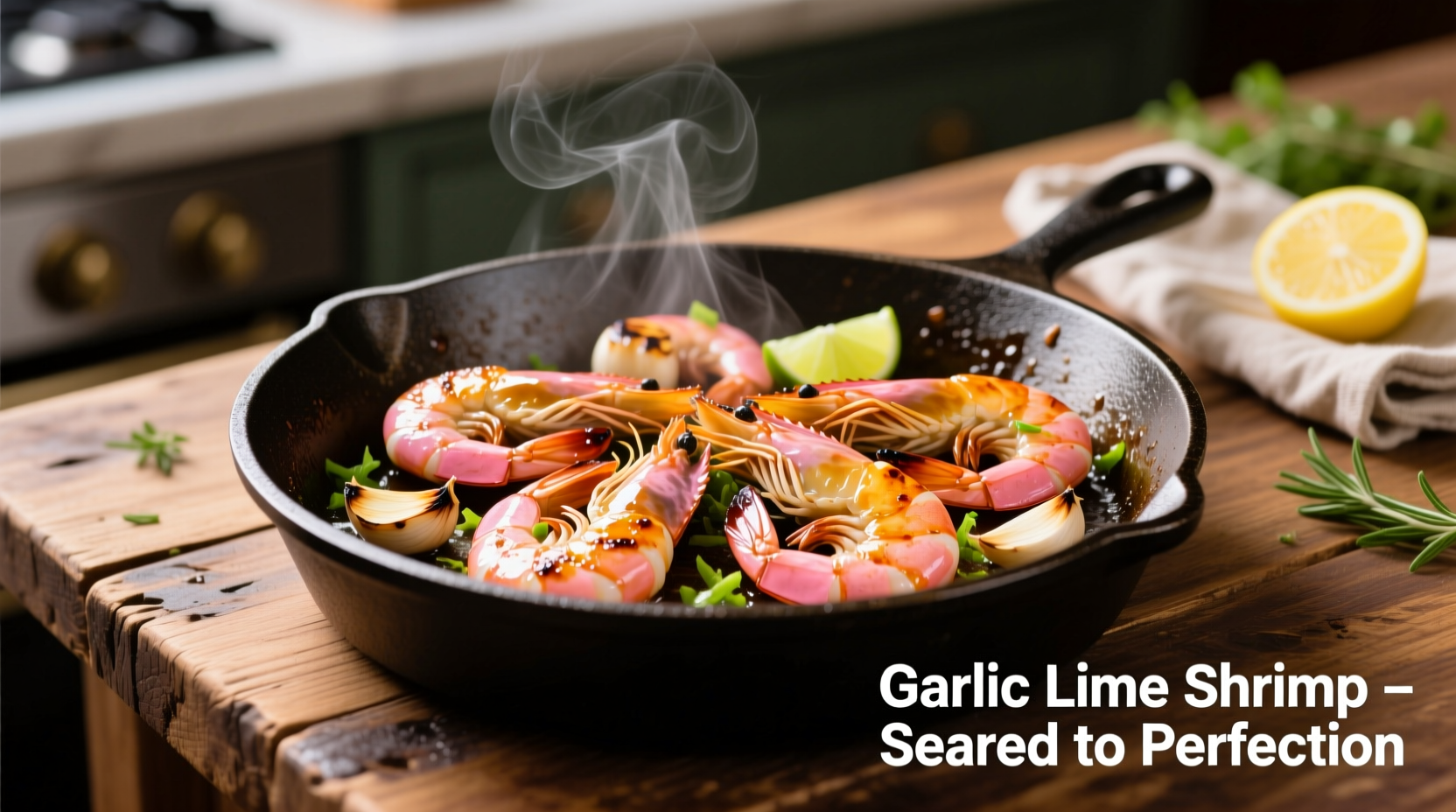 Perfectly seared garlic lime shrimp in cast iron skillet