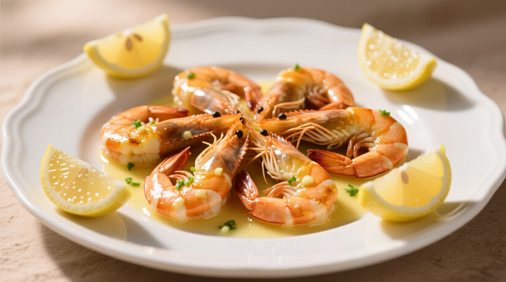 Perfect garlic butter shrimp in white dish with lemon wedges