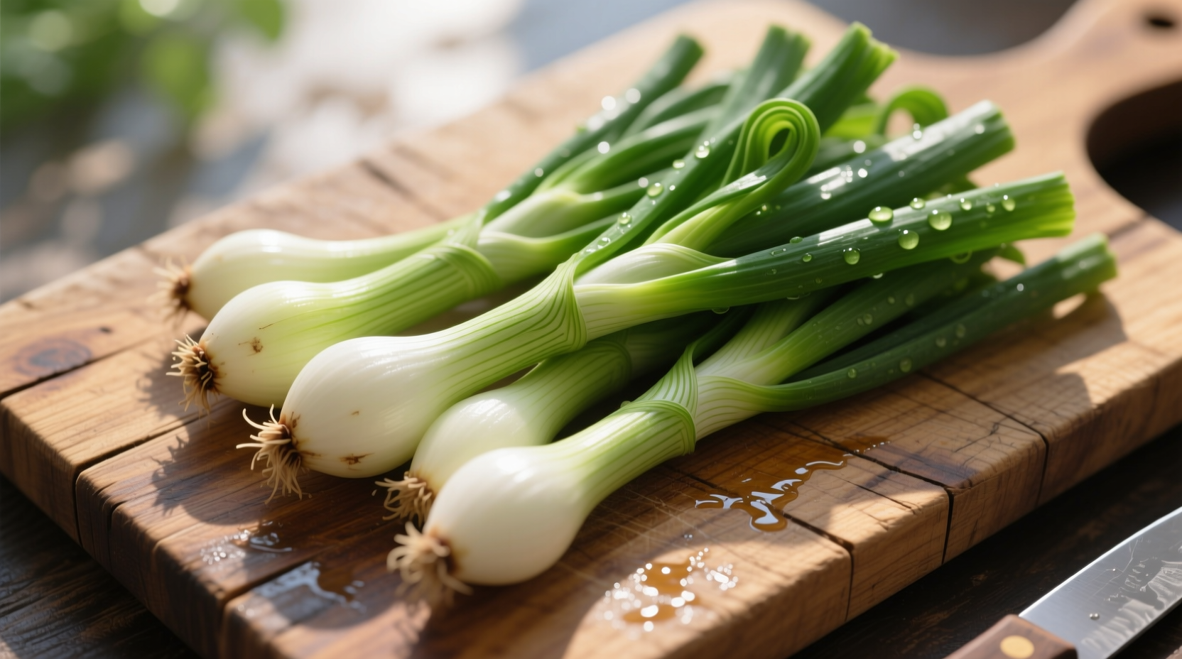 Fresh torpedo onions with green tops on wooden cutting board