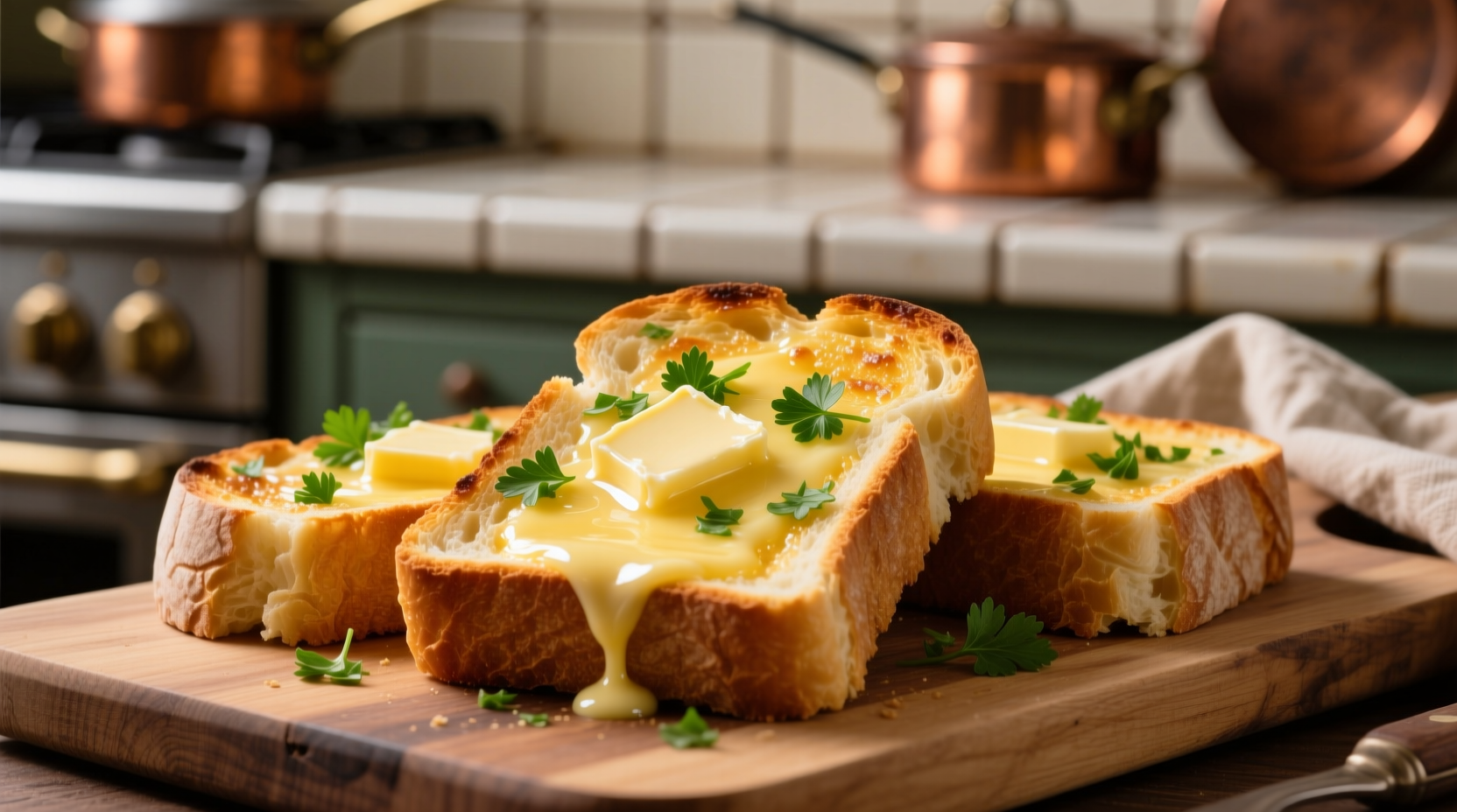 Golden garlic bread slices with melted butter
