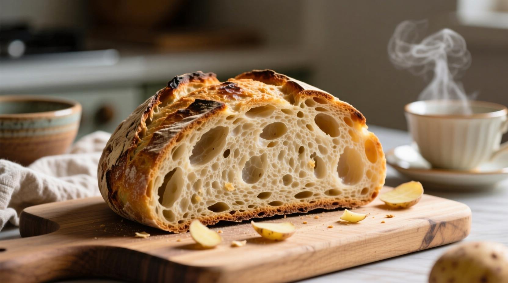 Sliced potato flake sourdough bread showing moist crumb and golden crust