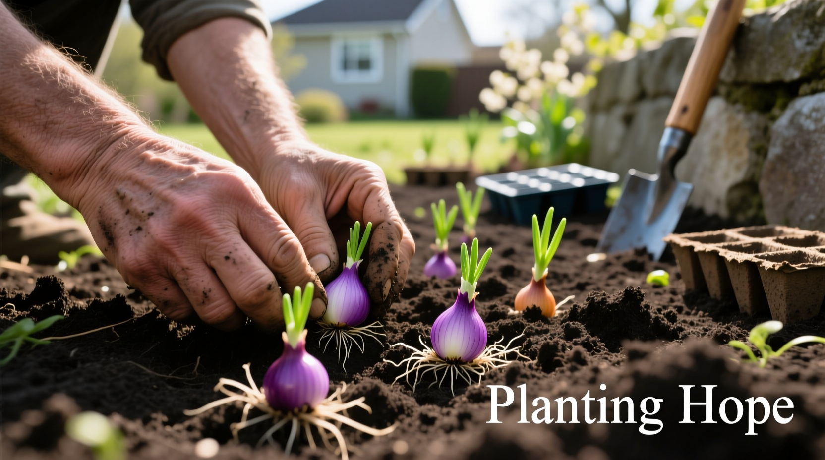 Close-up of hands planting onion sets in garden soil