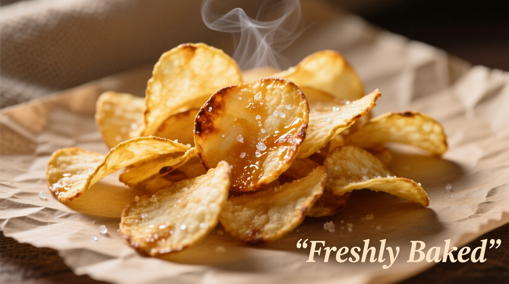 Crispy golden oven-baked potato chips on parchment paper