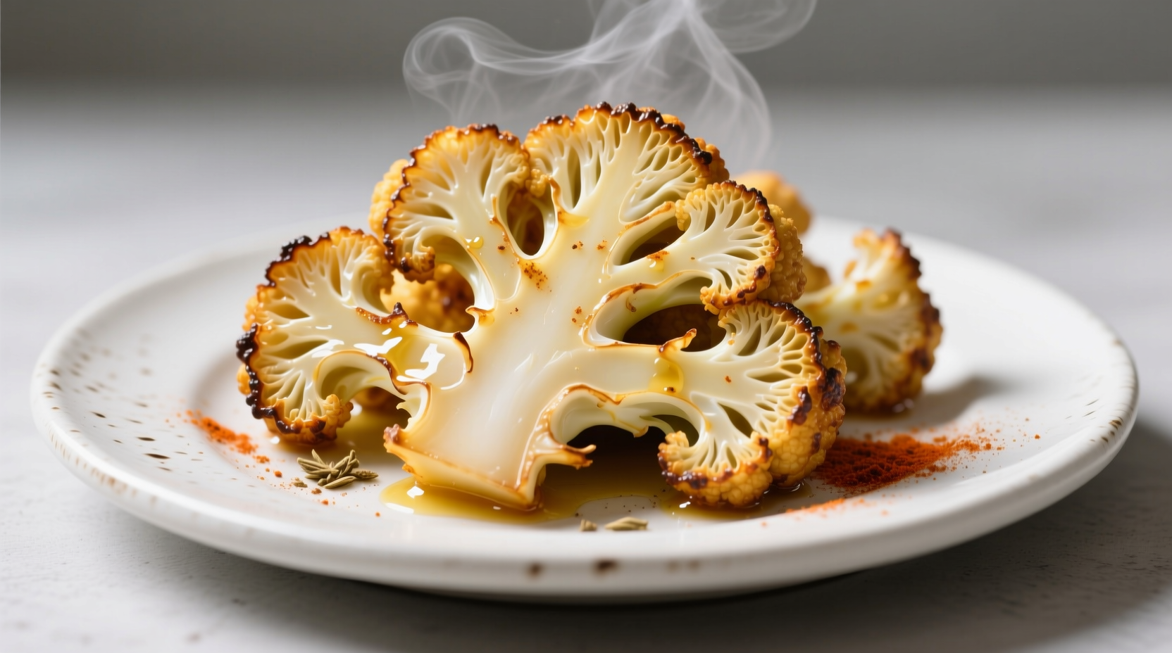 Crispy golden buffalo cauliflower on white plate