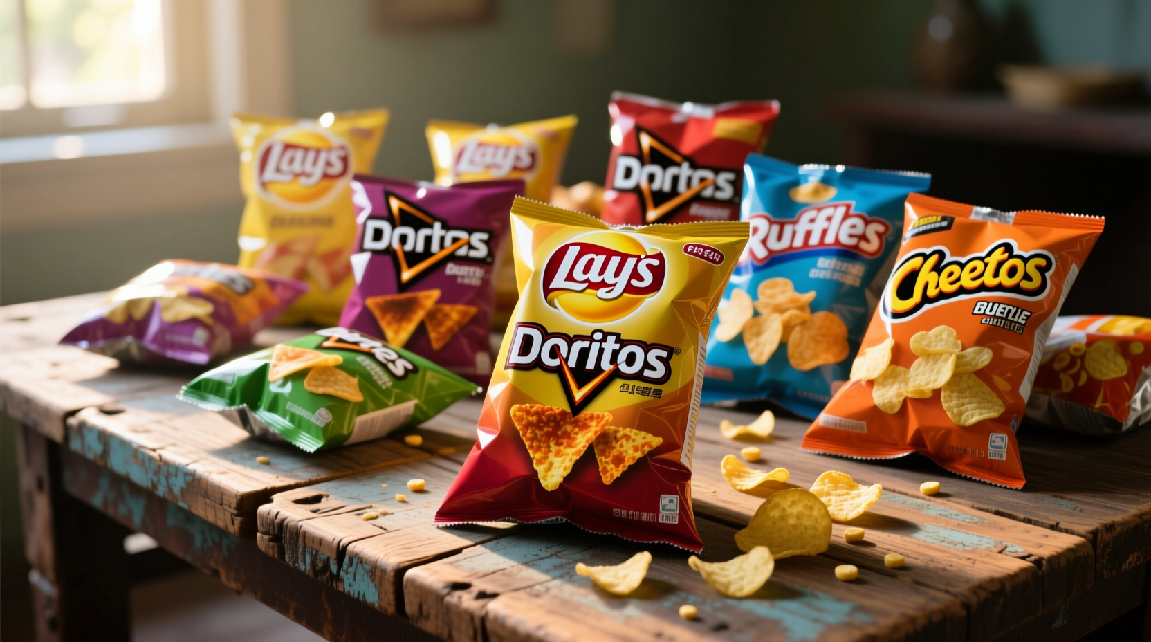 Assorted Frito-Lay potato chip varieties on wooden table