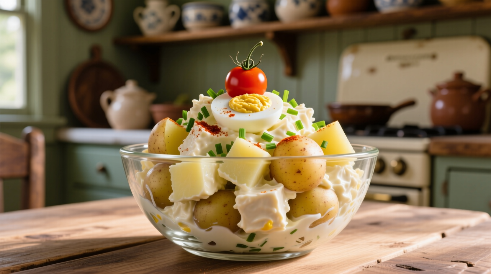 Creamy devil egg potato salad in glass bowl