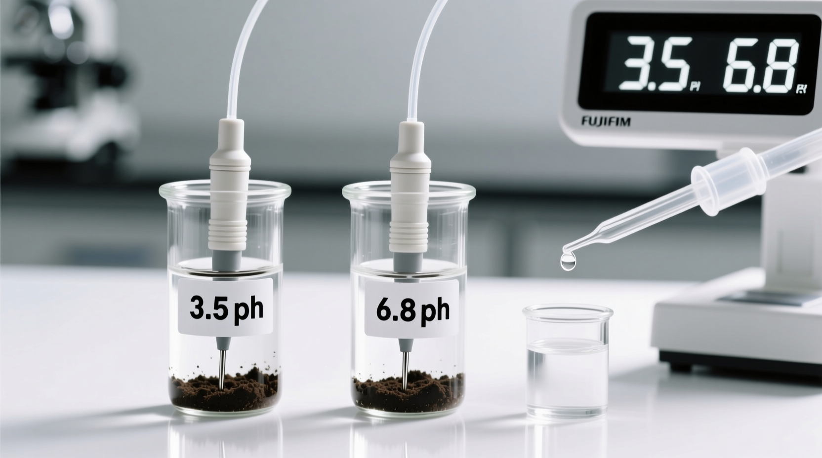 Side-by-side close-up of a budget soil meter probe submerged in labeled 3.5 and 6.8 pH buffer solutions, with clean distilled water rinse station and digital readout showing matching values