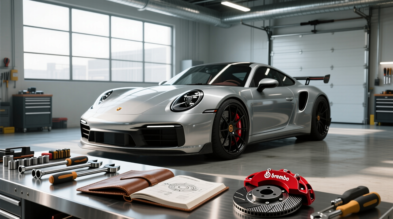 Close-up of red Brembo-style brake caliper cover mounted on a car wheel