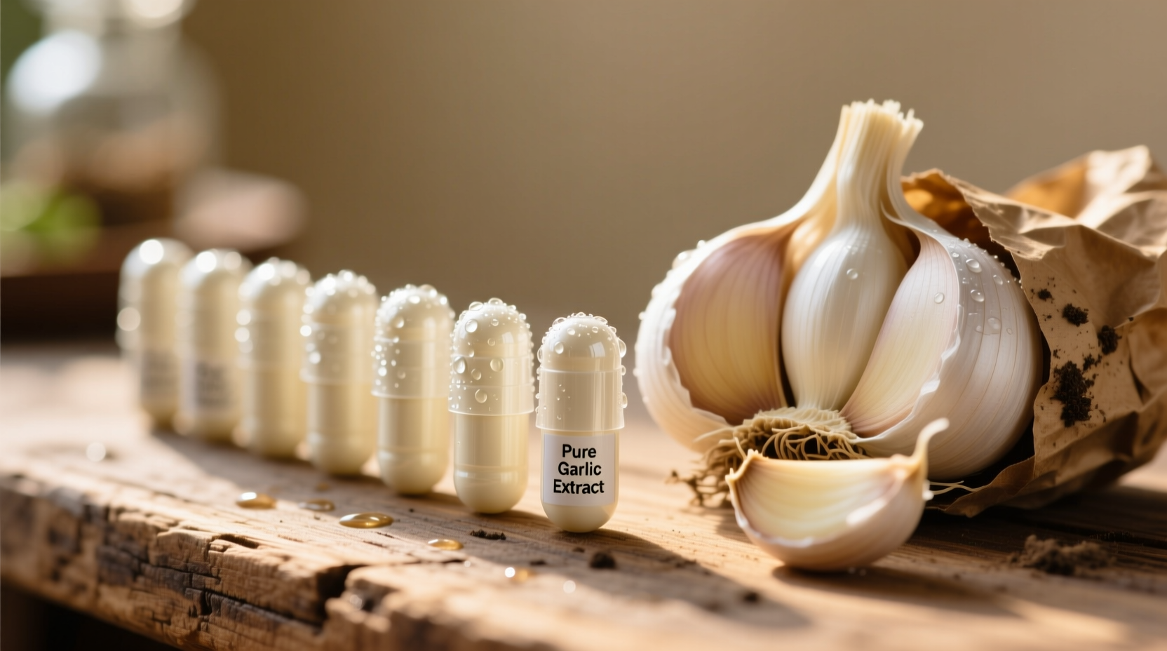 Garlic supplement capsules next to fresh garlic cloves