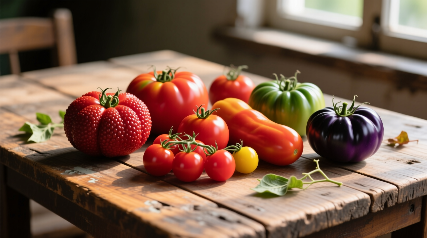 Fresh tomatoes showing different varieties on wooden table
