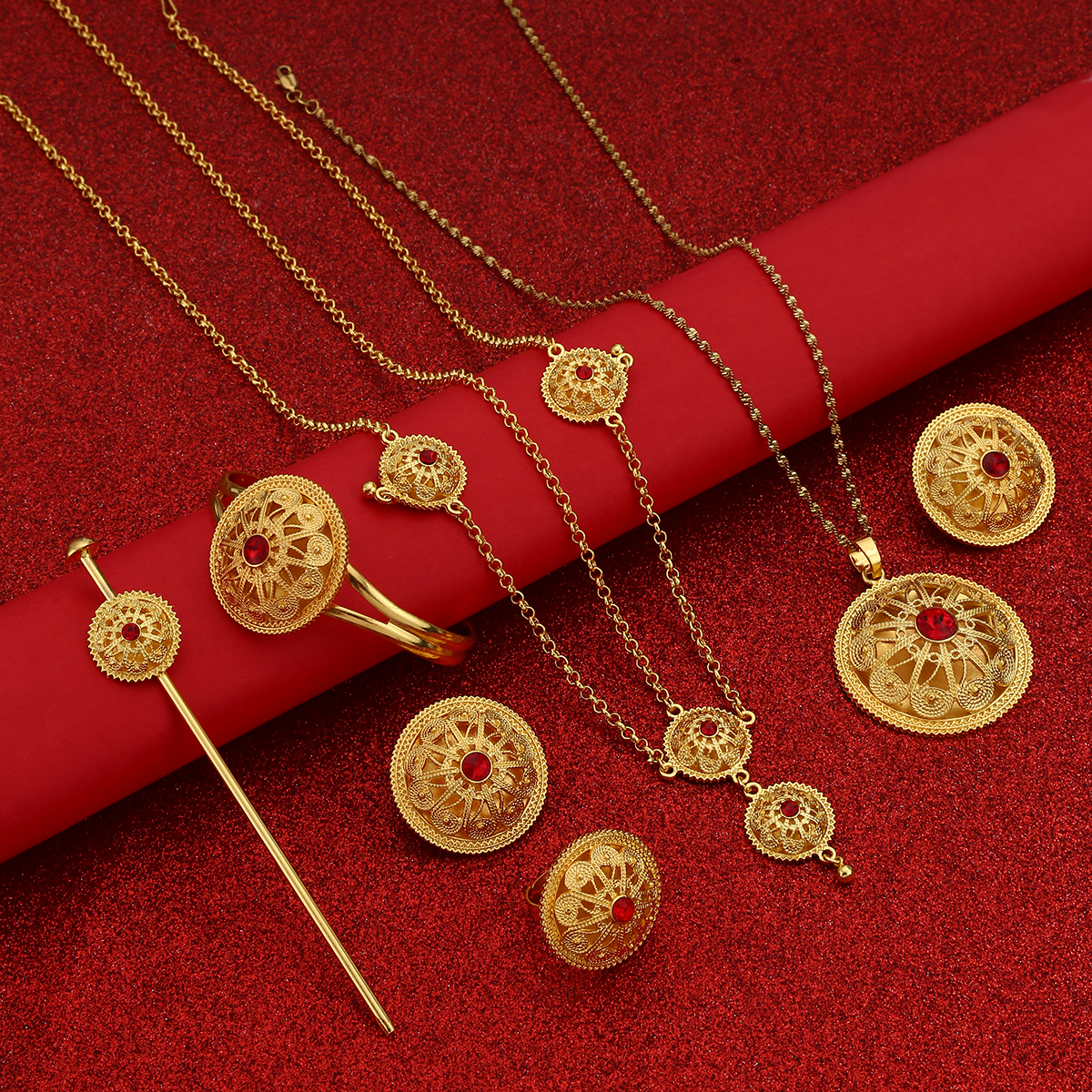 Ethiopian Trendy Jewelry Sets Red Stone African Ethiopia Women Wedding Bride Habesha Jewelry