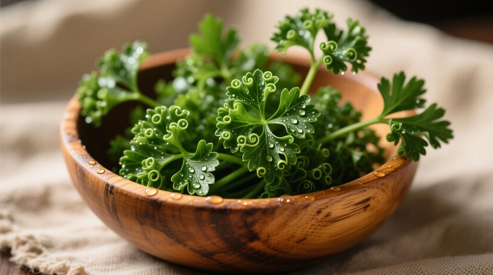 Fresh curly leaf parsley in a wooden bowl