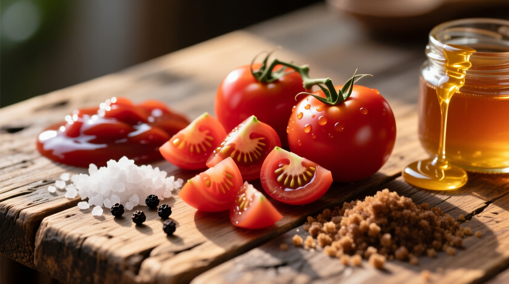 Close-up of tomato ketchup ingredients on wooden table