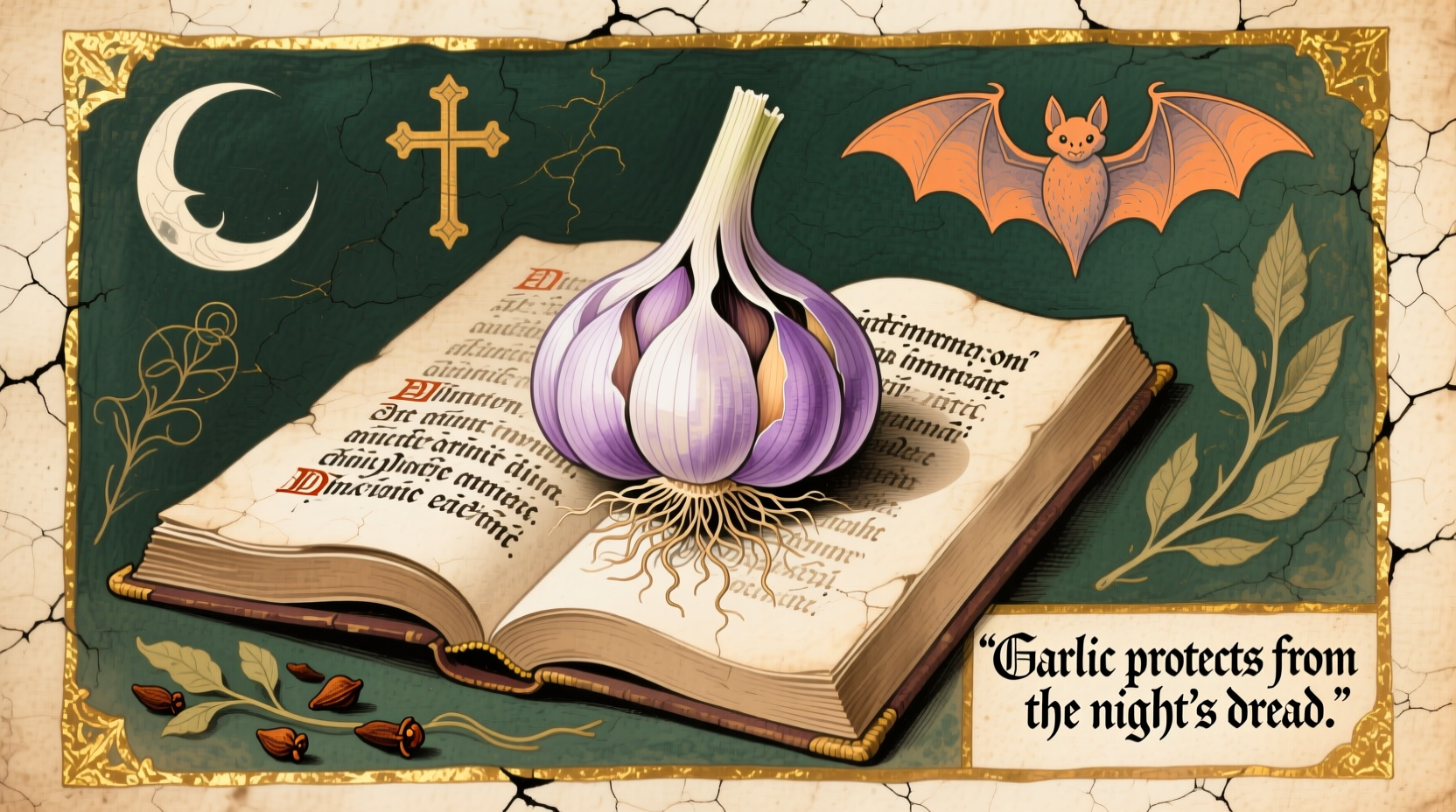 Historical illustration of garlic used as vampire protection