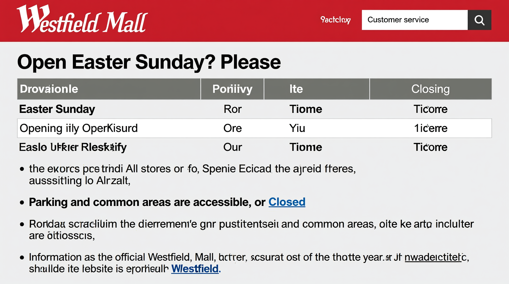 is westfield mall open on easter
