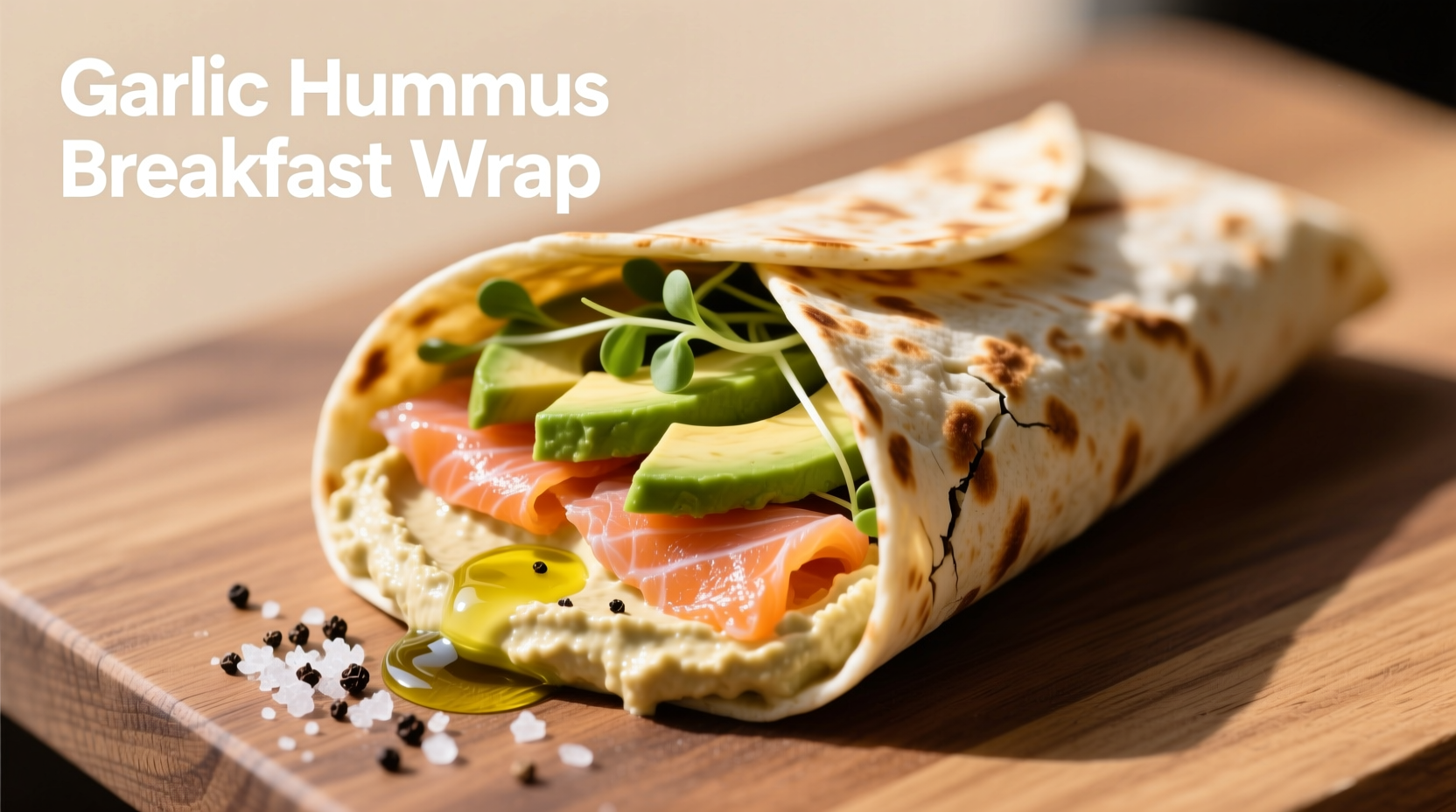 Garlic hummus breakfast wrap with smoked salmon and avocado