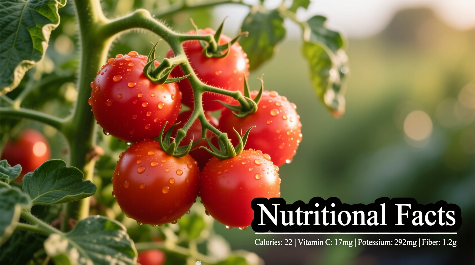 Fresh red tomatoes on vine with nutritional facts