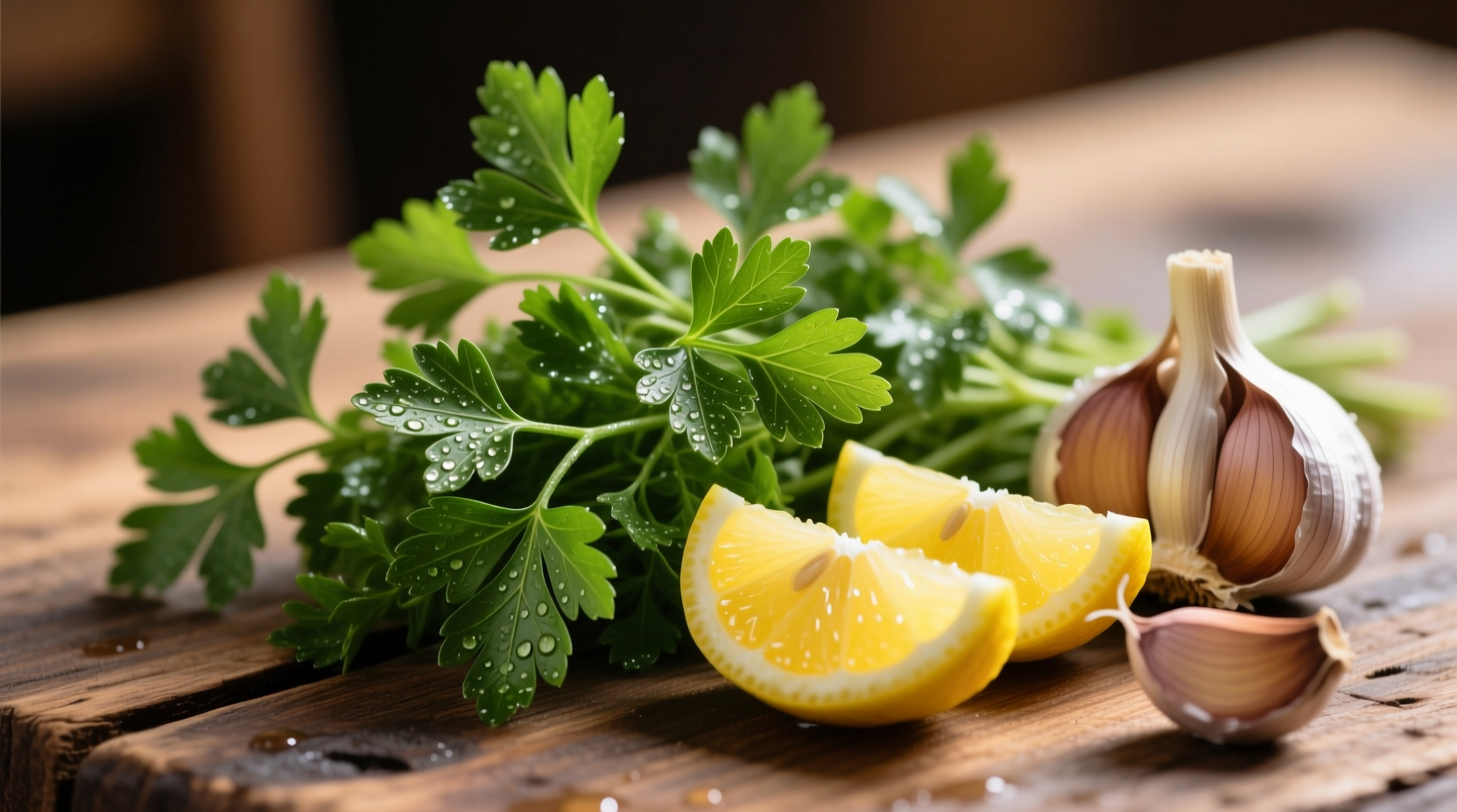 Fresh parsley sprigs next to lemon wedges and garlic cloves