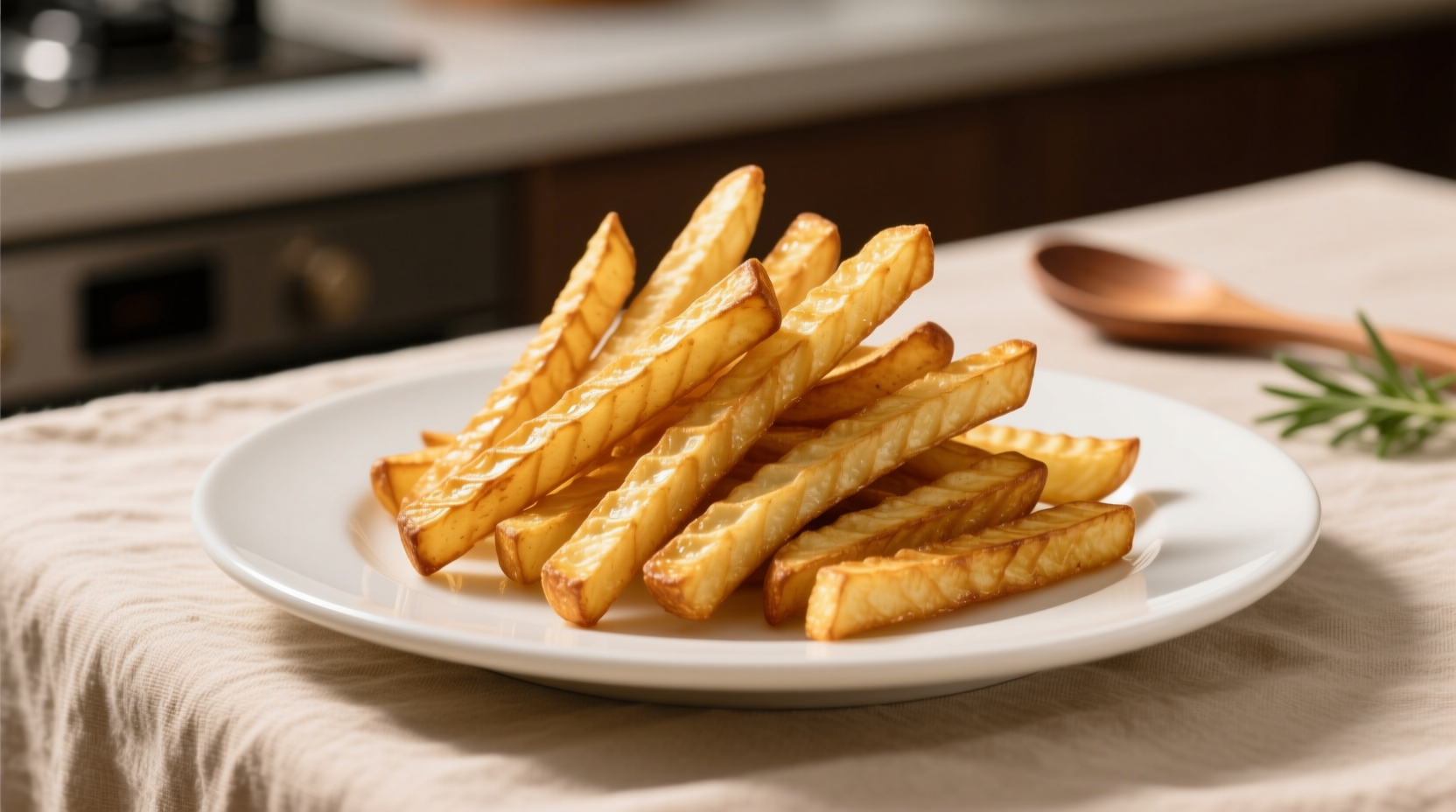Golden brown potato sticks on white plate