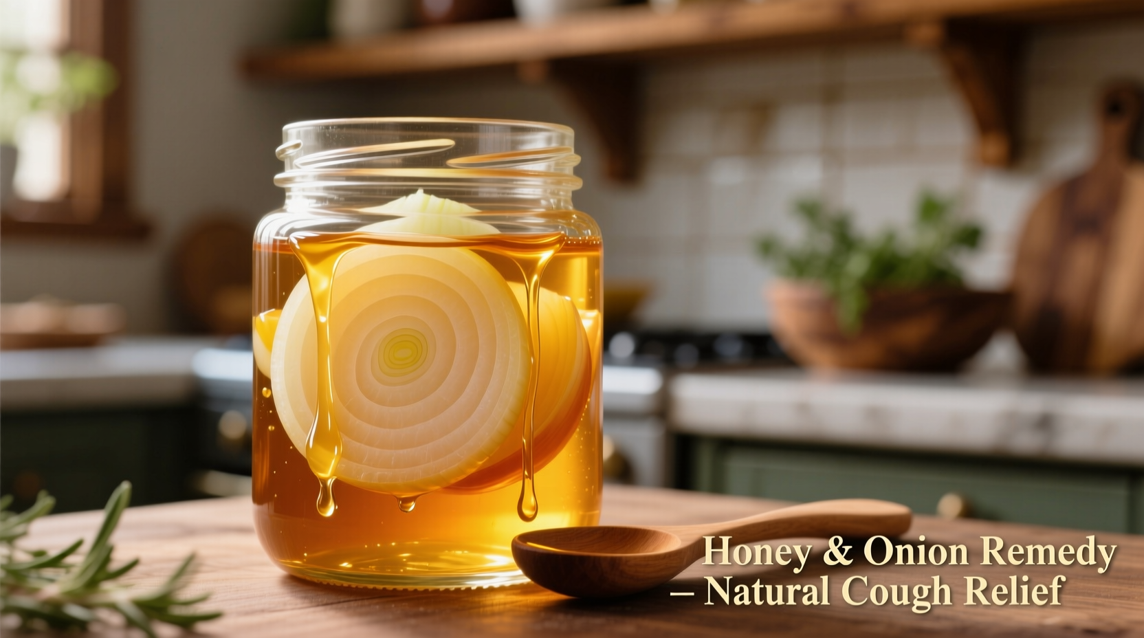 Yellow onion slices in glass jar with honey for cough remedy