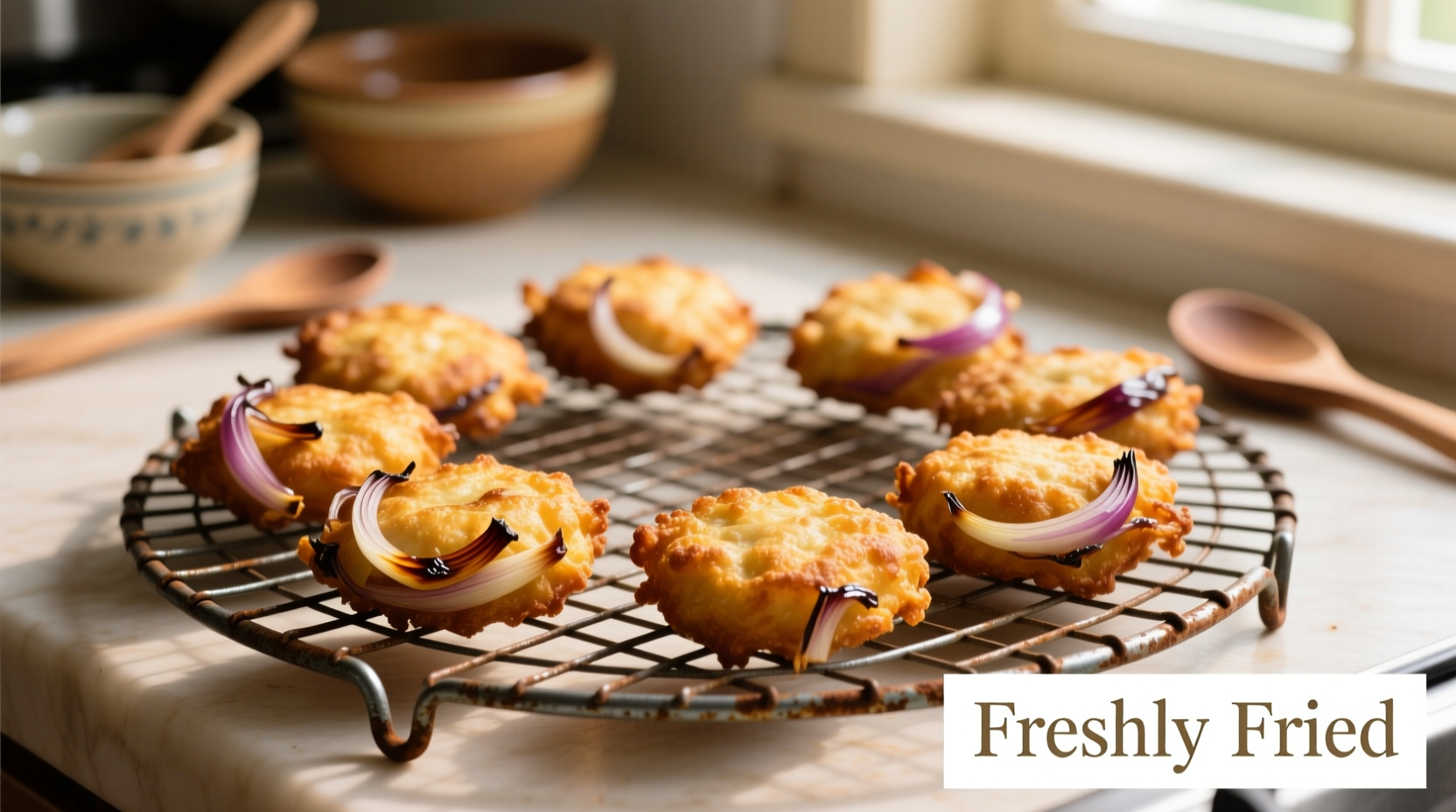 Golden brown onion fritters on wire rack