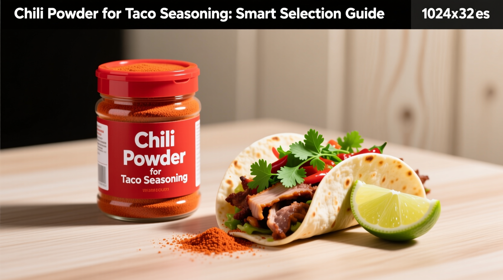 Taco filled with carnitas topped with cilantro and lime, next to spices