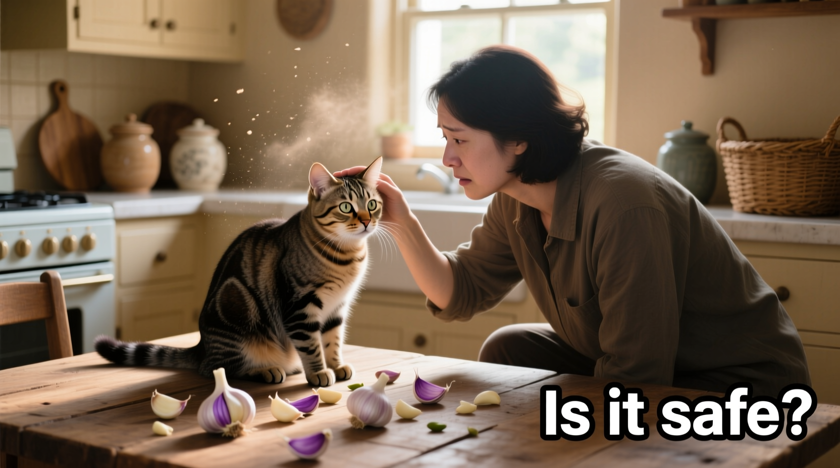 Cat owner checking concerned pet near garlic cloves