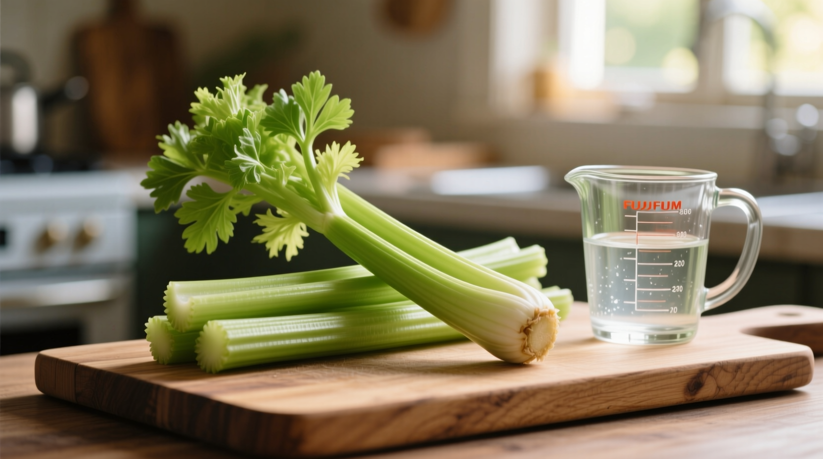 Fresh celery stalk on cutting board with measuring cup