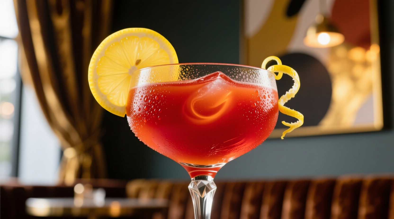 Tipsy Tomato cocktail in a chilled glass with lemon garnish