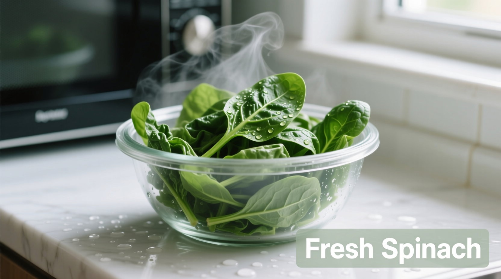 Fresh spinach wilting in microwave-safe bowl