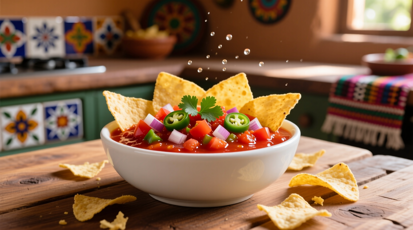 Vibrant red salsa in white ceramic bowl with tortilla chips