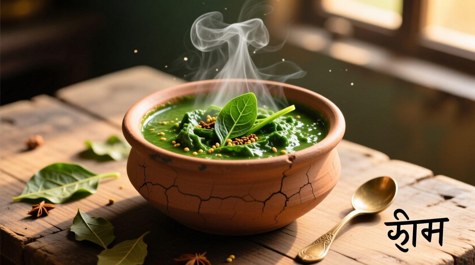 Fresh spinach saag in traditional clay pot