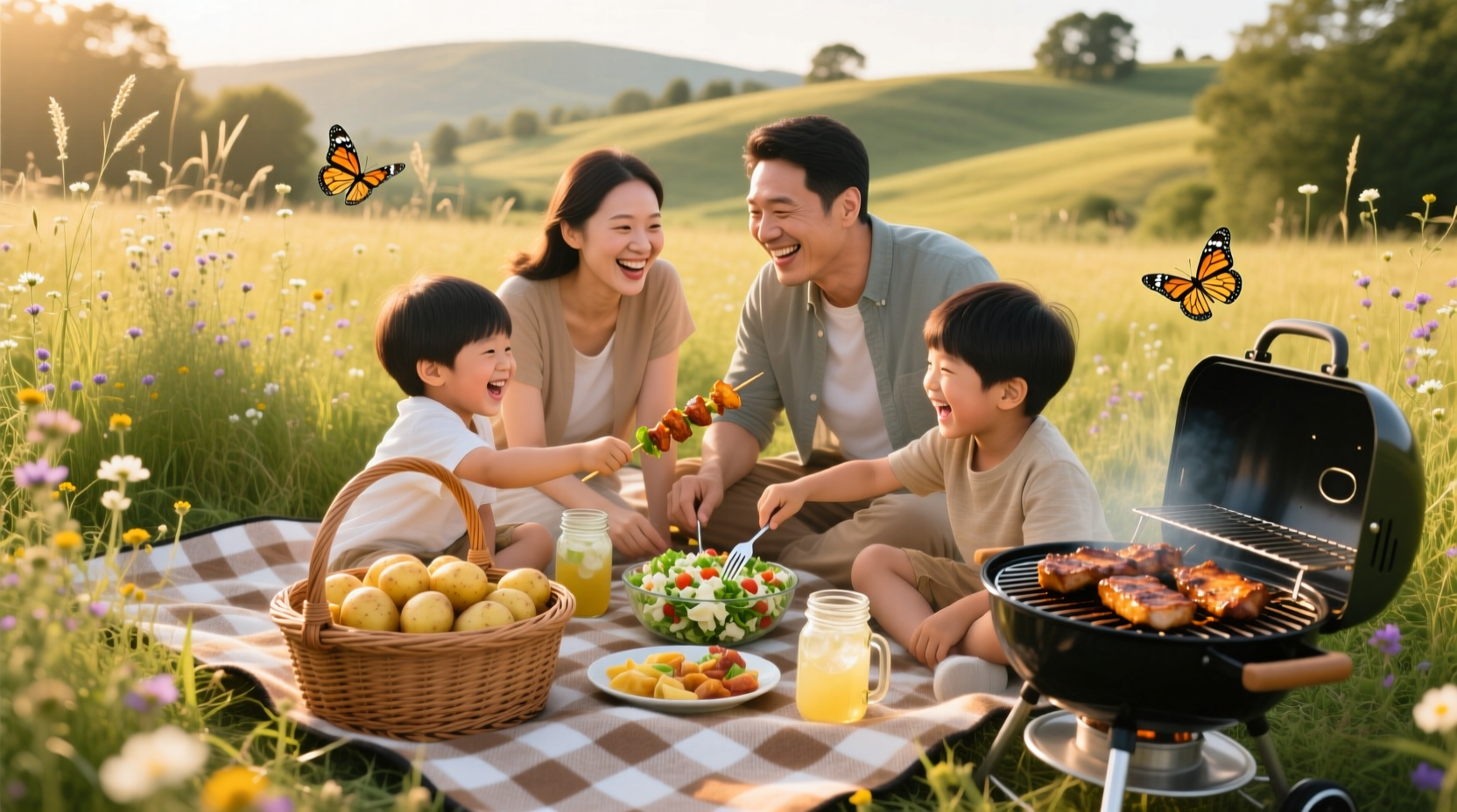 Family enjoying picnic with potato salad and grilled meats