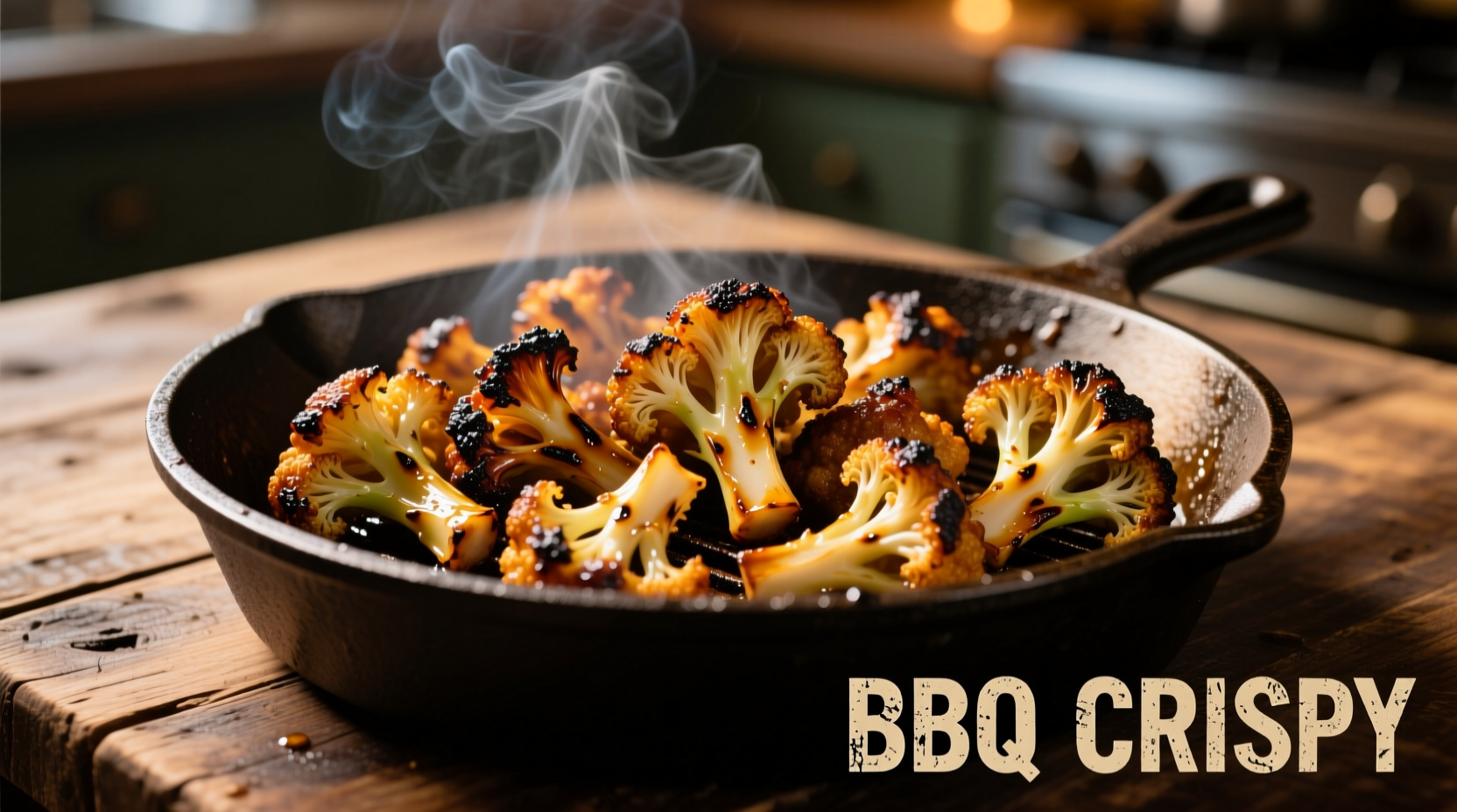 Crispy BBQ cauliflower riblets on cast iron skillet