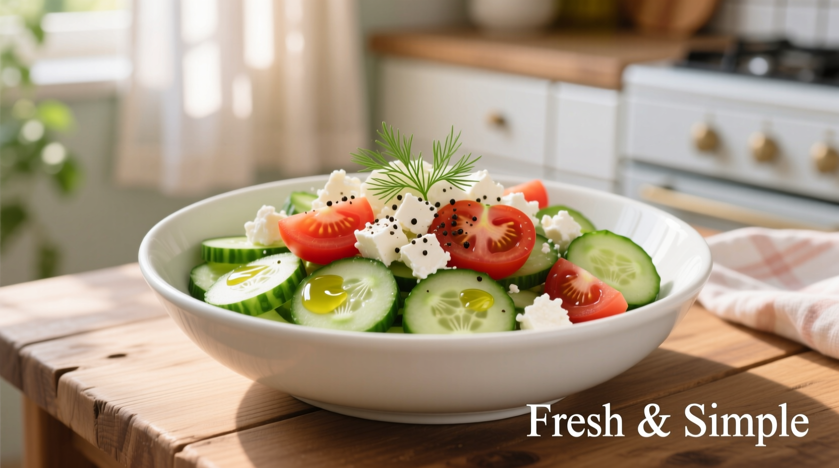 Fresh cucumber tomato feta salad in white bowl